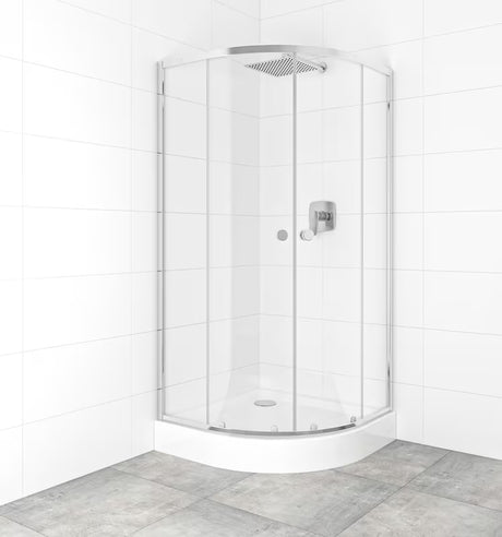Čtvrtkruhový sprchový kout s vaničkou 90x90 cm v lesklém chromu s čirým sklem a posuvnými dveřmi