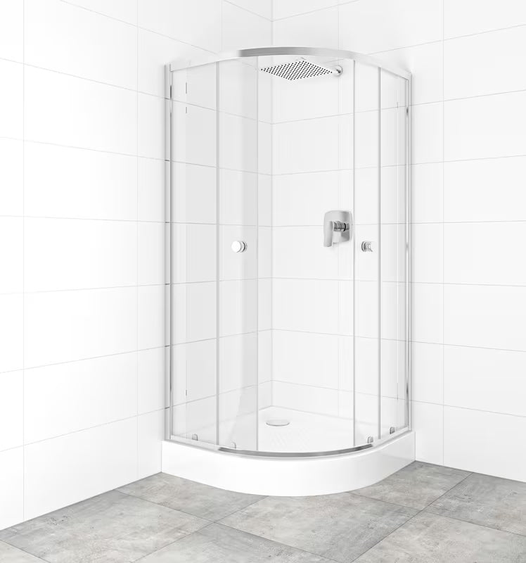 Čtvrtkruhový sprchový kout s vaničkou 90x90 cm v lesklém chromu s čirým sklem a posuvnými dveřmi