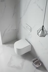 Bílé závěsné WC SAT s bezokrajovým splachováním Rimless a sedátkem SoftClose.