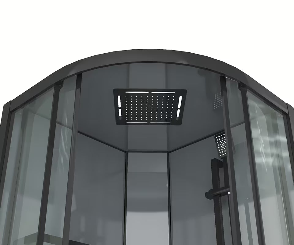 Čtvrtkruhový sprchový box 90x90 cm s černými profily, čirým sklem a bílou vaničkou