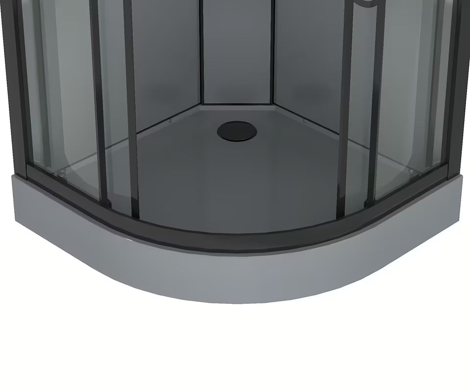 Čtvrtkruhový sprchový box 90x90 cm s černými profily, čirým sklem a bílou vaničkou
