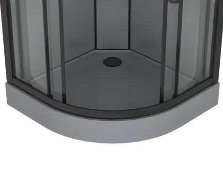 Čtvrtkruhový sprchový box 90x90 cm s černými profily, čirým sklem a bílou vaničkou