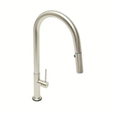 Nerezová dřezová baterie SAT Supersteel s vytahovací sprškou a otočným ramínkem v matném provedení.