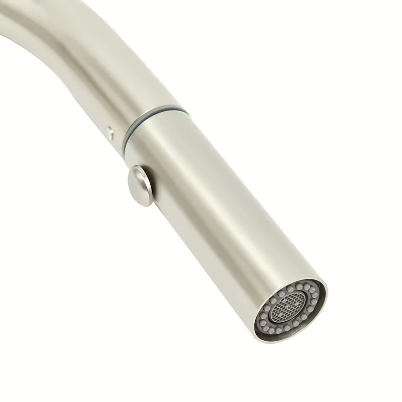 Nerezová dřezová baterie SAT Supersteel s vytahovací sprškou a otočným ramínkem v matném provedení.