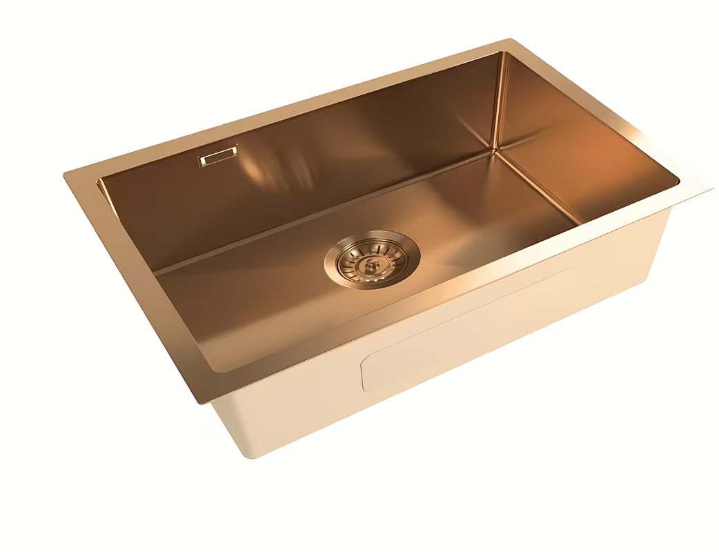Kuchyňský jednodřez SAT Aurum z kartáčované nerezové oceli v barvě rose gold pro montáž pod desku.