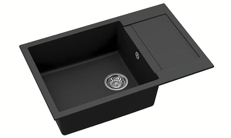 Černý kuchyňský dřez SAT z granitového kompozitu s odkapávačem pro montáž na pracovní desku.