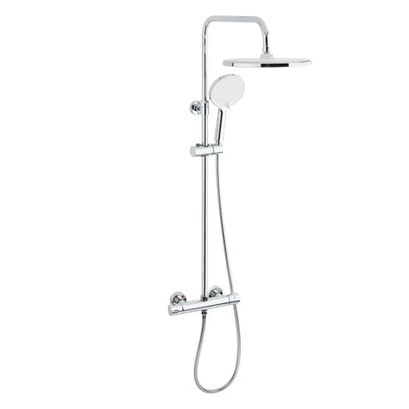 Sprchový systém SAT Chrome s termostatickou baterií, hlavovou sprchou 25 cm a ruční sprchou se třemi proudy.