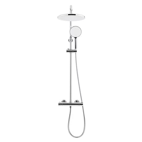 Sprchový systém SAT Chrome s termostatickou baterií, hlavovou sprchou 25 cm a ruční sprchou se třemi proudy.
