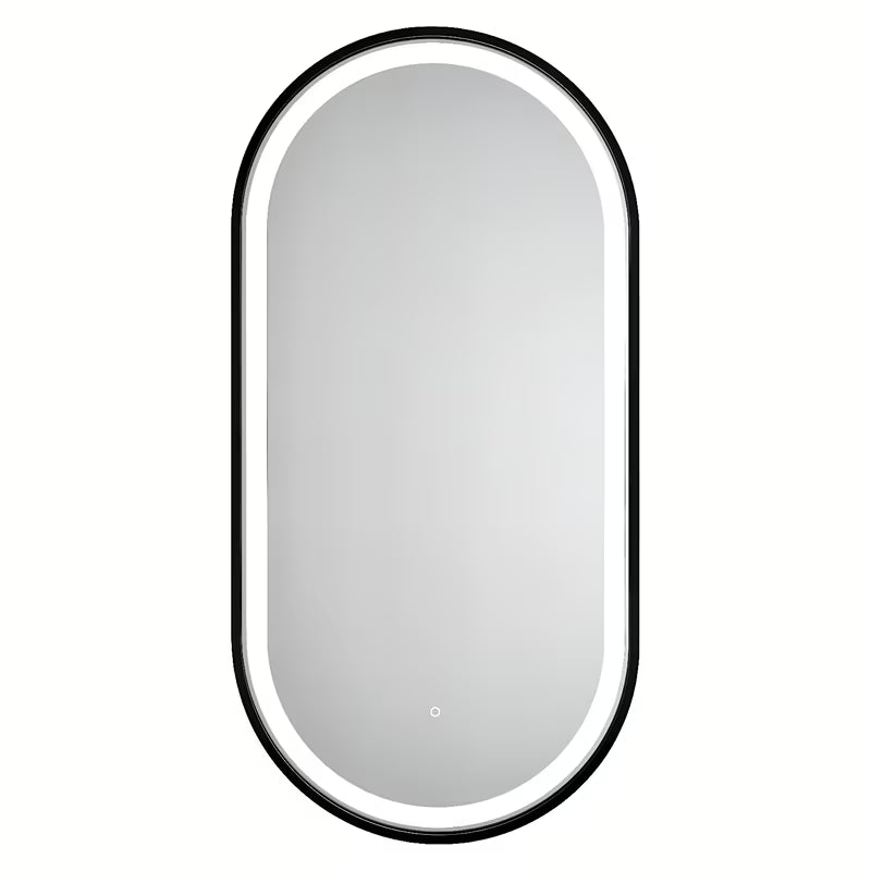 Oválné koupelnové zrcadlo SAT 40x80 cm v černém rámu s LED osvětlením a senzorovým ovládáním.
