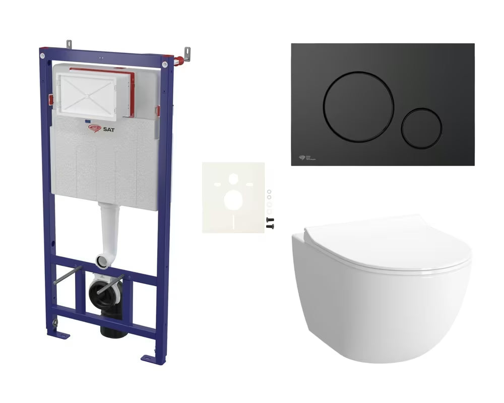 Závěsný WC set VitrA Sento v bílé barvě se skrytým uchycením a ovládací deskou v matně zlatém provedení.