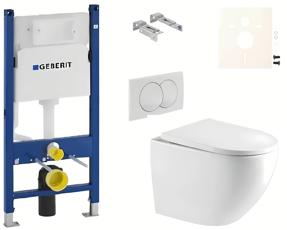 Závěsný WC set SAT s modulem Duofix, nádržkou Geberit a ovládacím tlačítkem Delta v bílé barvě.