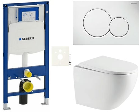 Závěsný WC set SAT s modulem Geberit Duofix, nádržkou a bílým ovládacím tlačítkem Sigma