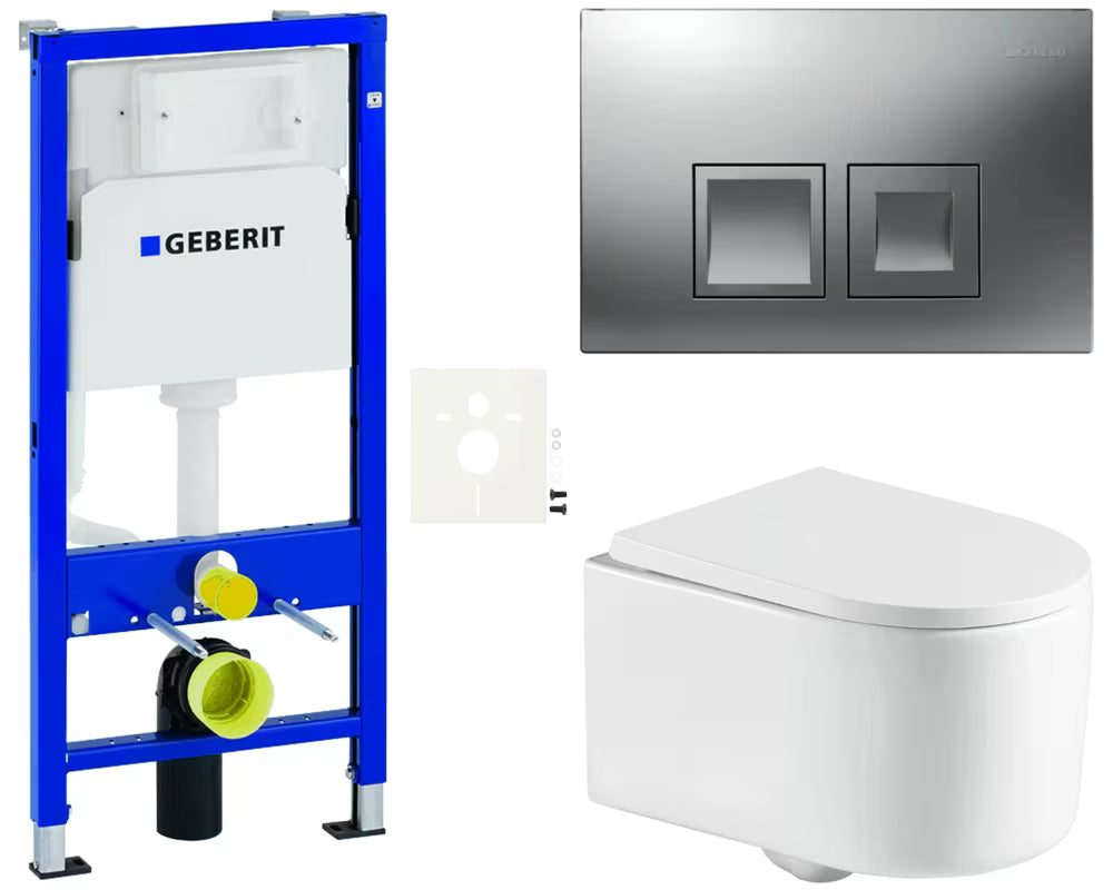 Závěsný WC set SAT s modulem Geberit Duofix, ovládacím tlačítkem Delta a WC sedátkem z duroplastu.