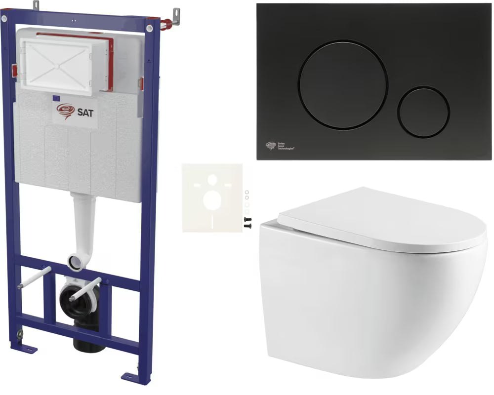 Závěsný WC set SAT pro lehké stěny s vírovým splachováním, černým matným tlačítkem a sedátkem SoftClose.