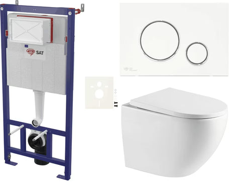 Závěsný WC set SAT pro lehké stěny s nádržkou, bílým ovládacím tlačítkem a duroplastovým sedátkem