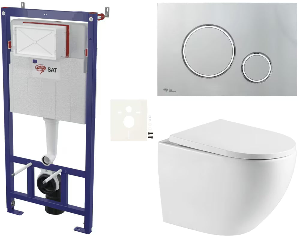Závěsný WC set SAT s modulem do lehkých stěn, nádržkou, ovládacím tlačítkem v chrom lesku a duroplastovým sedátkem.