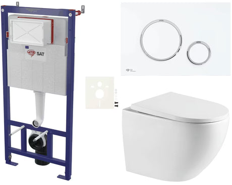 Závěsný WC set SAT s podomítkovým modulem, úsporným splachováním a bílým matným ovládacím tlačítkem.
