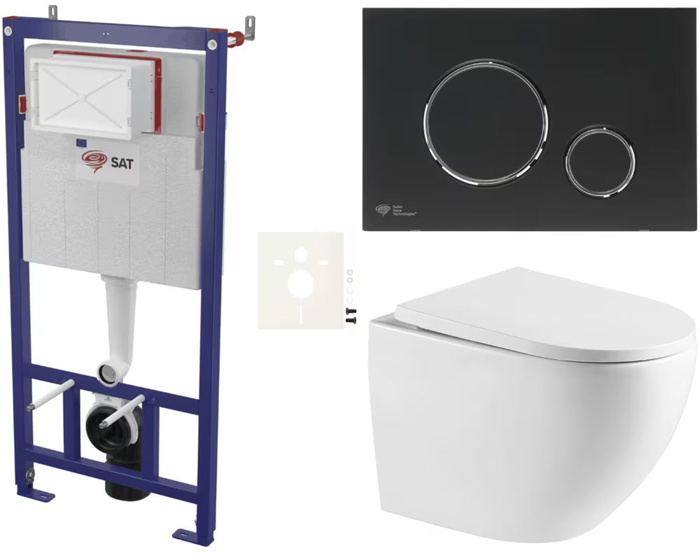 Závěsný WC set SAT pro předstěnovou instalaci s tlačítkem v černé matné a sedátkem se SoftClose.