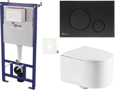Závěsný WC set SAT s nádržkou, ovládacím tlačítkem v černé matné a duroplastovým sedátkem