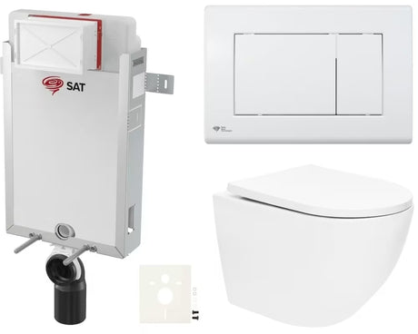 Závěsný WC set SAT Fusion s modulem k zazdění, nádržkou, bílým ovládacím tlačítkem a sedátkem