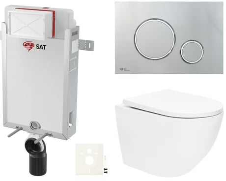 Závěsný WC set SAT Fusion s vírovým splachováním, modulem k zazdění, nádržkou a ovládacím tlačítkem v chrom lesku.