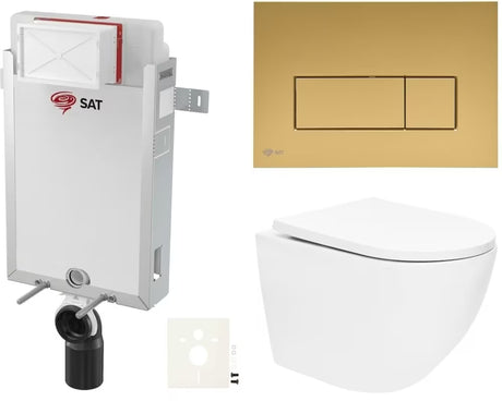 Závěsný WC set SAT Fusion s vírovým splachováním a ovládacím tlačítkem v barvě gold mat