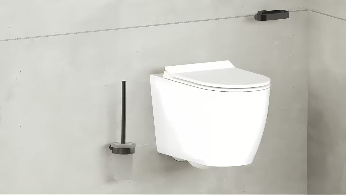 Nástěnná WC štětka SAT Simply R v provedení PVD Gun Metal s nádobkou z mléčného skla.