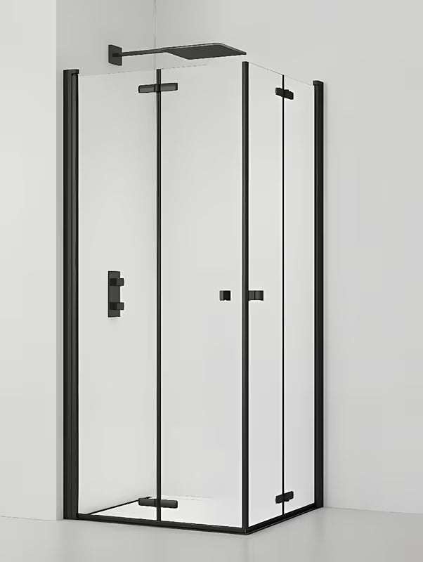 Obdélníkový sprchový kout SAT SK 90 x 80 cm v černém provedení s čirým sklem a zalamovacími dveřmi.