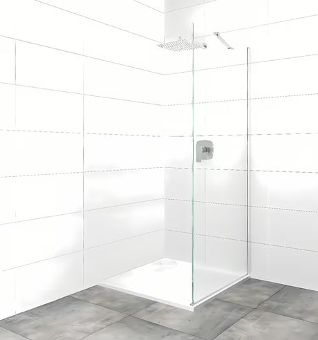 Pevná boční zástěna ke sprchovým dveřím 90 cm s čirým sklem a profily v lesklém chromu.