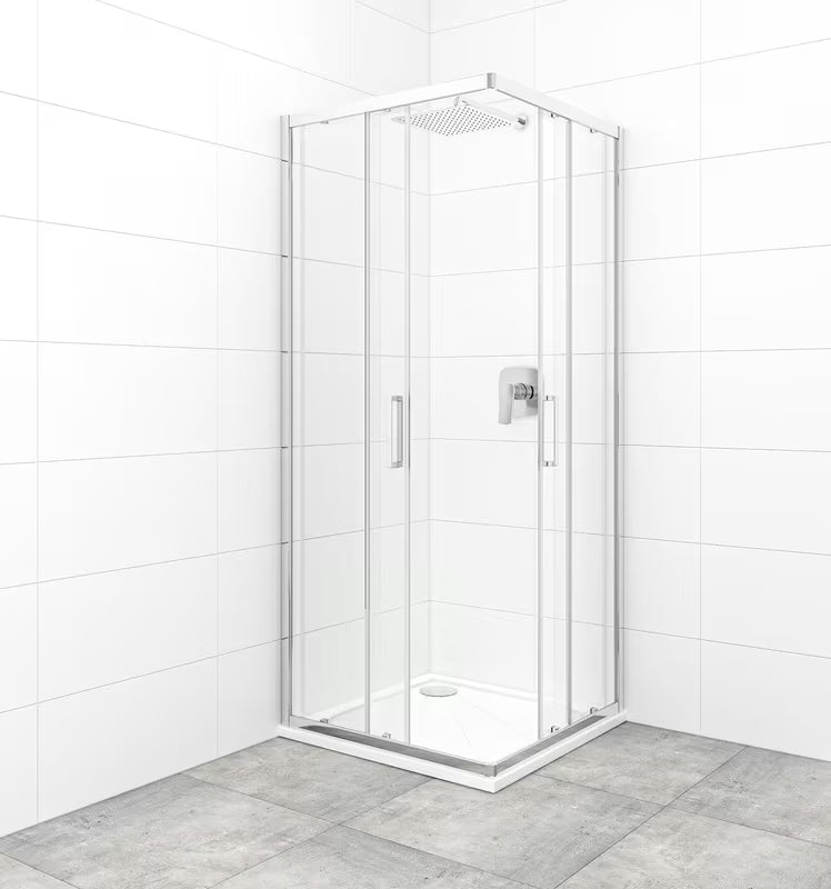 Čtvercový sprchový kout SAT Tex 80x80 cm s čirým sklem, posuvnými dveřmi a profily v lesklém chromu.