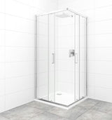 Čtvercový sprchový kout SAT Tex 90x90 cm s posuvnými dveřmi, čirým sklem a chromovými profily v lesku.