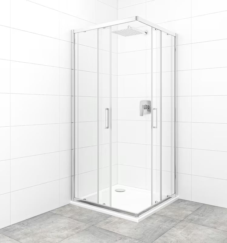 Čtvercový sprchový kout SAT Tex 90x90 cm s posuvnými dveřmi, čirým sklem a chromovými profily v lesku.