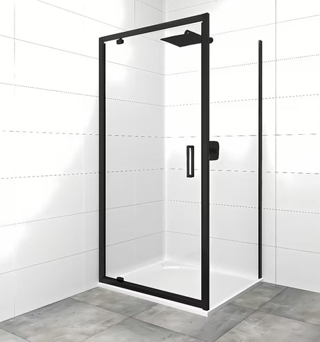 Pivotové sprchové dveře SAT Tex 90 cm v černém provedení s čirým bezpečnostním sklem.