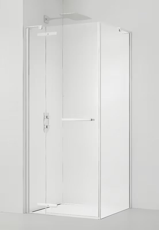Čtvercový sprchový kout SAT Tgd New 90x90 cm v matně bílé barvě s transparentním sklem a pantovými dveřmi.