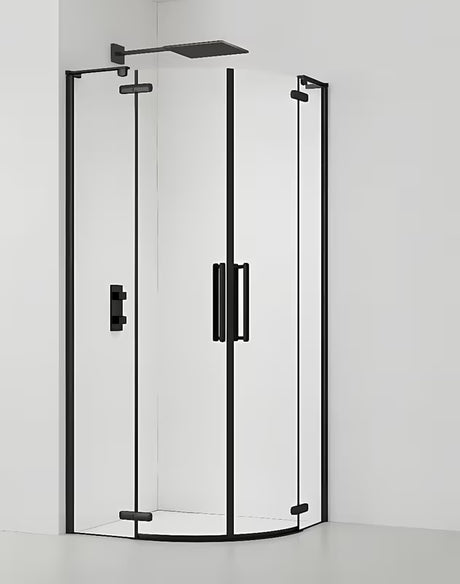 Čtvrtkruhový sprchový kout SAT TGD New 90x90 cm v černé matné s transparentním sklem a pantovými dveřmi.