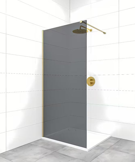 Walk-in sprchová zástěna SAT Walk-in 100 cm v mosazném provedení s kouřovým sklem a úpravou Easy Clean.