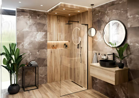 Walk-in sprchová zástěna SAT Walk-in 110 cm v černé matné s čirým sklem a bezrámovým provedením.