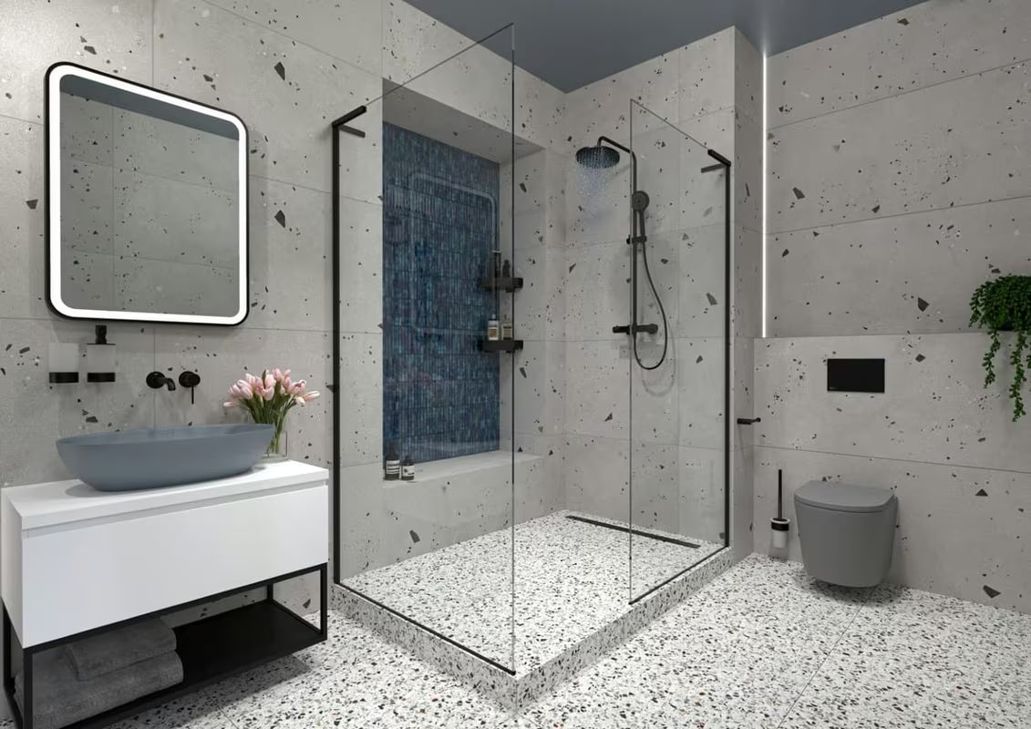 Walk-in sprchová zástěna SAT Walk-in 110 cm v černé matné s čirým sklem a bezrámovým provedením.