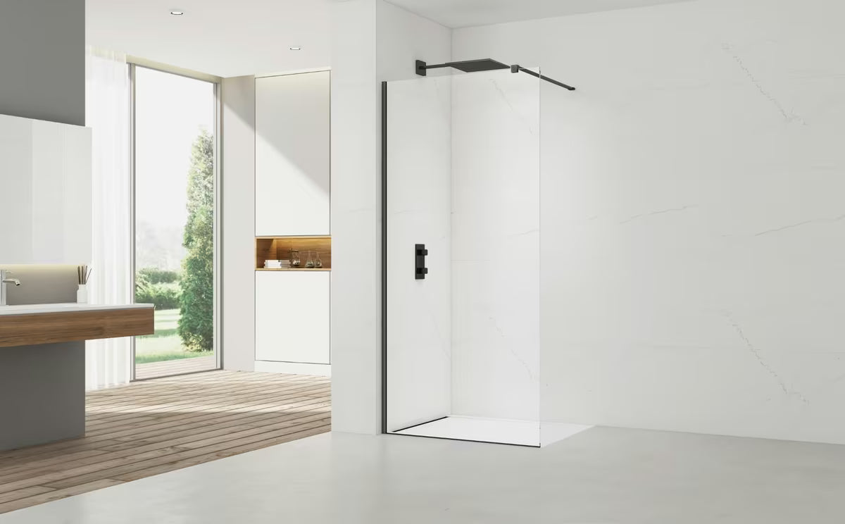 Walk-in sprchová zástěna SAT Walk-in 130 cm s čirým sklem a profily v černém provedení