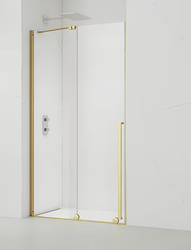 Sprchové dveře SAT Walk-In Xmotion 110 cm v zlatém lesklém provedení s čirým sklem a posuvným otevíráním.