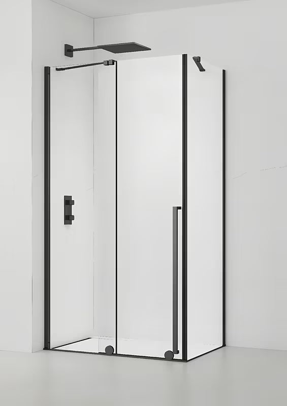 Sprchový kout SAT Xmotion 120x90 cm v černém provedení s čirým sklem a posuvným systémem