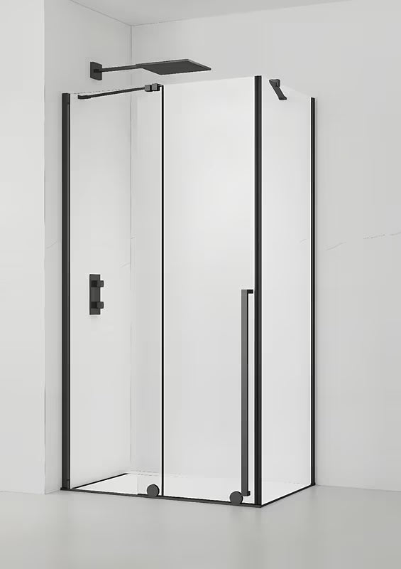 Sprchový kout SAT Xmotion 120x90 cm v černém provedení s čirým sklem a posuvným systémem