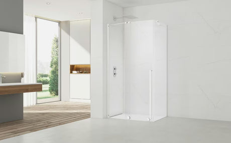 Obdélníkový sprchový kout SAT Xmotion 140x90 cm v bílé barvě s čirým sklem a posuvným otevíráním.