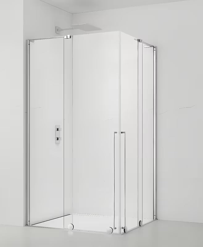 Sprchový kout SAT Walk-In Xmotion 120x110 cm s posuvnými dveřmi, čirým sklem a lesklým chromem.