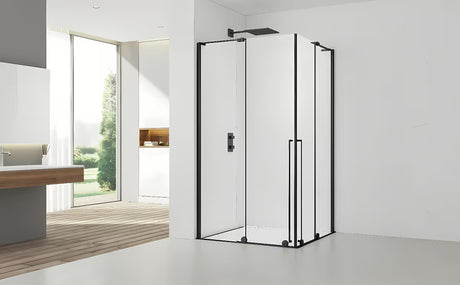 Obdélníkový sprchový kout SAT Walk-In Xmotion 120x110 cm v černé barvě s čirým sklem a posuvnými dveřmi.