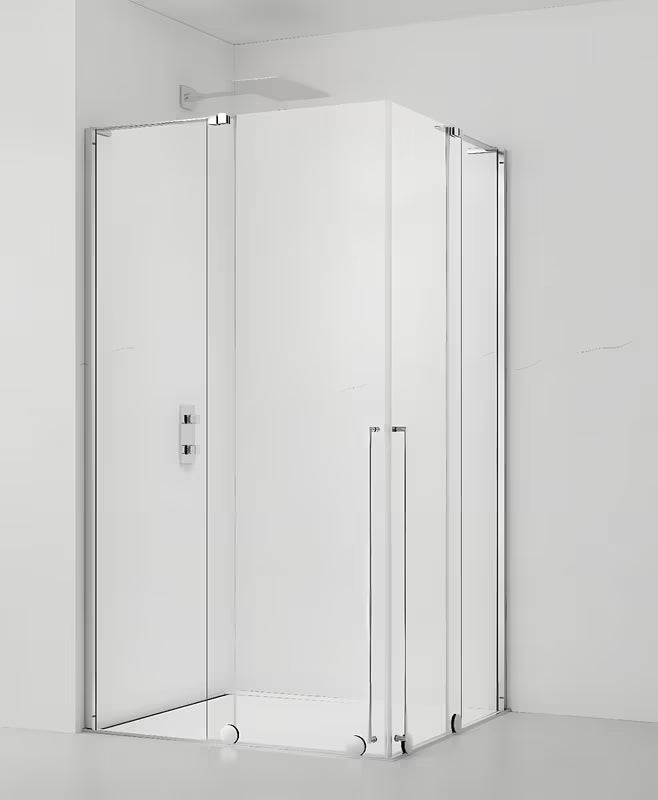 Obdélníkový sprchový kout SAT Xmotion 140 x 110 cm s posuvnými dveřmi a čirým sklem v lesklém chromu.