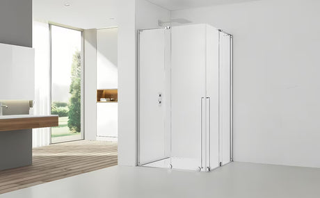 Obdélníkový sprchový kout SAT Walk-In Xmotion 90x120 cm v lesklém chromu s čirým sklem a posuvnými dveřmi.
