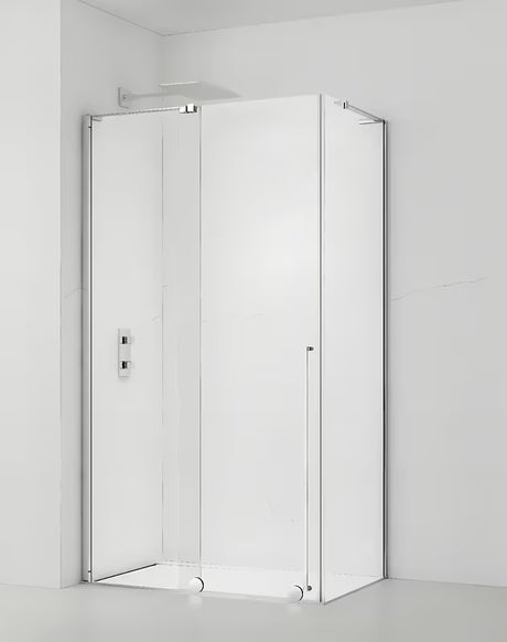 Obdélníkový sprchový kout SAT Walk-In Xmotion 120x100 cm v lesklém chromu s čirým sklem a posuvnými dveřmi.