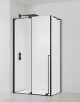 Obdélníkový sprchový kout SAT Walk-In Xmotion 120x100 cm v černém provedení s čirým sklem a posuvnými dveřmi.