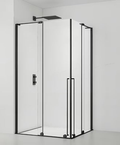 Obdélníkový sprchový kout SAT Walk-In Xmotion 90x140 cm v černé barvě s čirým sklem a posuvnými dveřmi.
